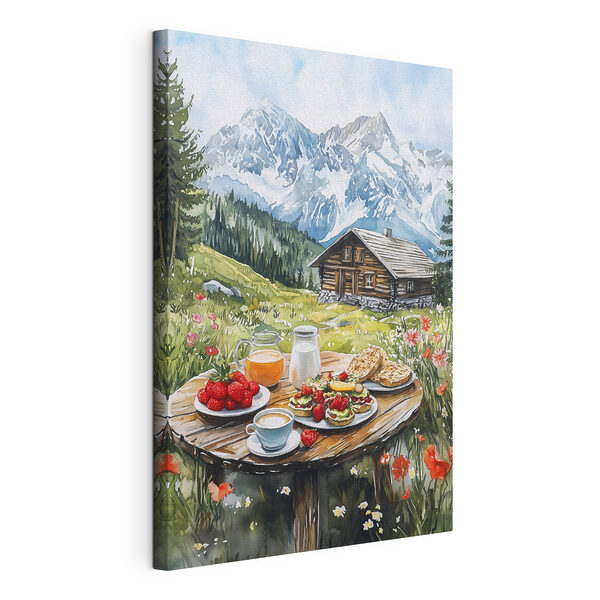 Canvas Schilderijen Tafel met eten en drinken voor een berg