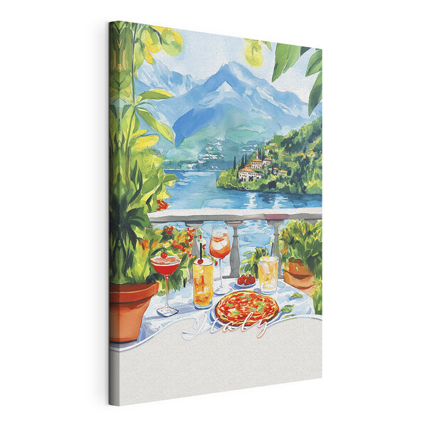 Canvas Schilderijen Aquarelverfschilderij van een tafel met drankjes en uitzicht op een meer