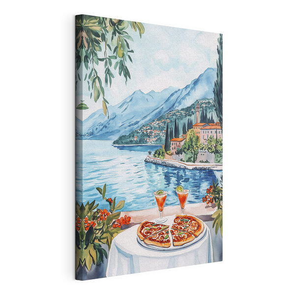 Aquarel van een tafel met eten en een meer op de achtergrond Canvas Schilderijen Aquarel van een tafel met eten en een meer op de achtergrond