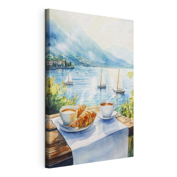 Aquarel van een tafel met koffie en croissants erop Canvas Schilderijen Aquarel van een tafel met koffie en croissants erop