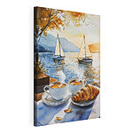 Canvas Schilderijen Aquarel van twee kopjes koffie en een croissant op een tafel
