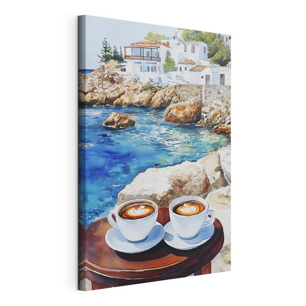Twee kopjes koffie op een tafel naast een watermassa Canvas Schilderijen Twee kopjes koffie op een tafel naast een watermassa