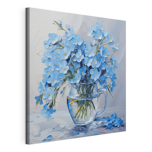 Schilderij van blauwe bloemen in een glazen vaas Canvas Schilderijen Schilderij van blauwe bloemen in een glazen vaas