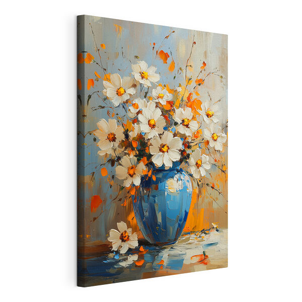 Canvas Schilderijen Schilderij van bloemen in een blauwe vaas