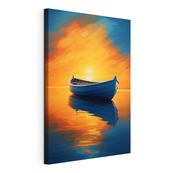 Canvas Schilderijen Boot op water met zonsondergang op de achtergrond