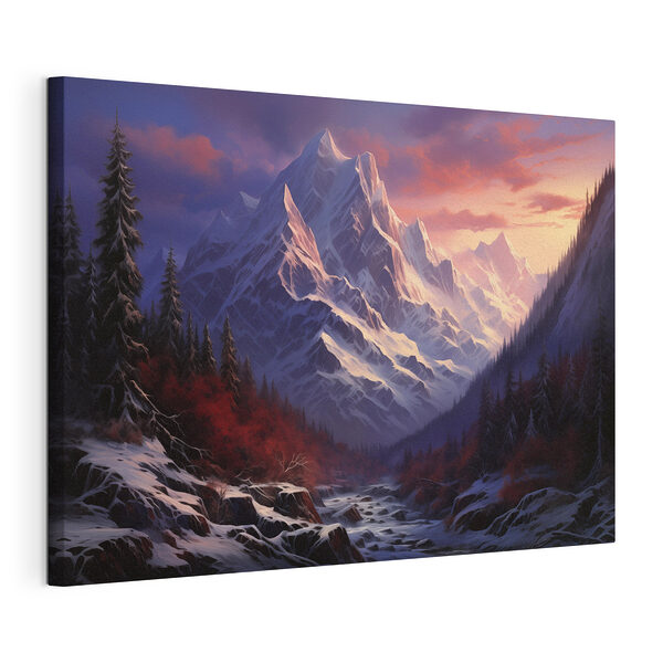 Rivier stroomt door een besneeuwde berg Canvas Schilderijen Rivier stroomt door een besneeuwde berg