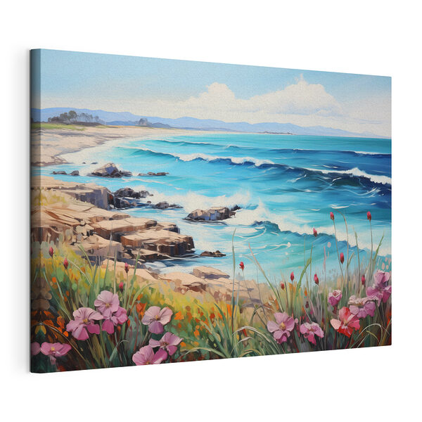 Schilderij van een strand met bloemen en golven Canvas Schilderijen Schilderij van een strand met bloemen en golven