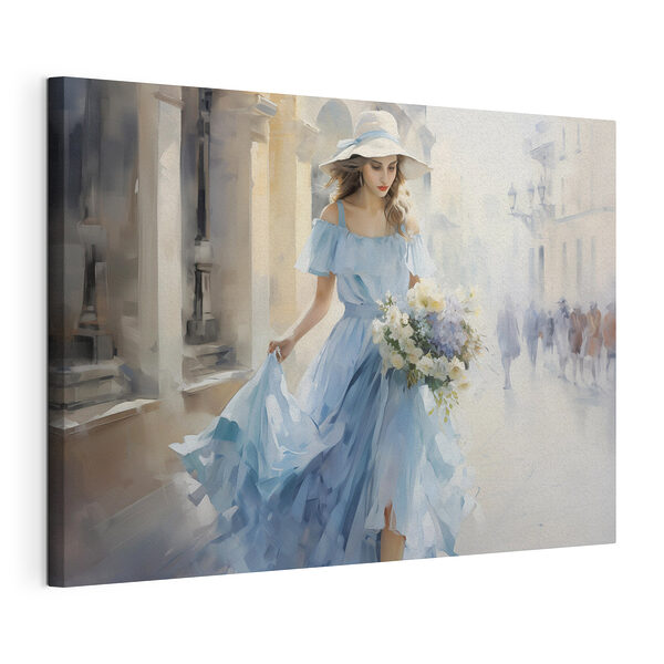 Canvas Schilderijen Vrouw in een blauwe jurk met bloemen