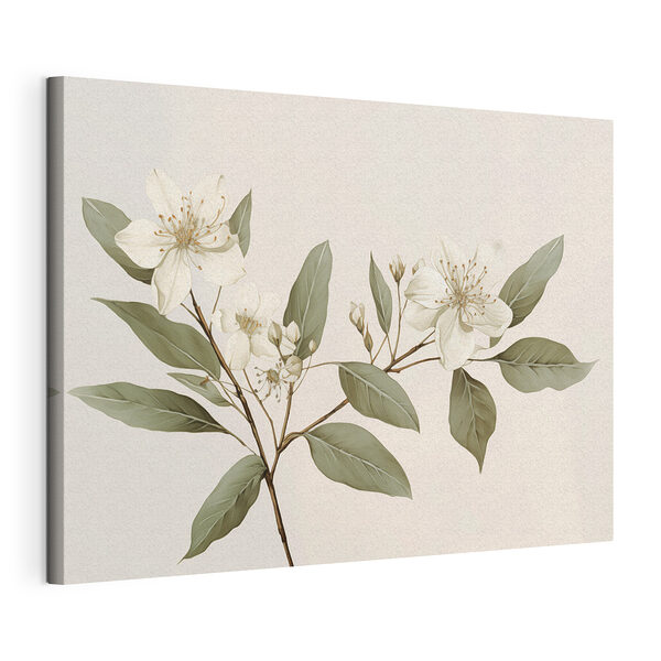 Witte bloemen en bladeren aan een tak Canvas Schilderijen Witte bloemen en bladeren aan een tak