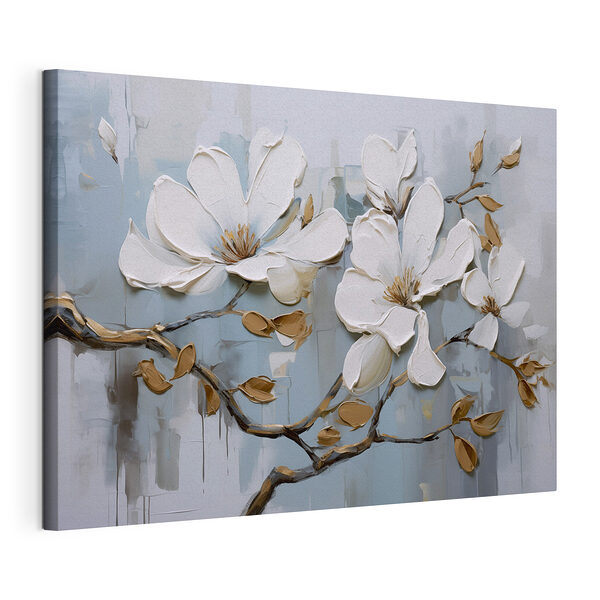Canvas Schilderijen Schilderij van witte bloemen op een tak