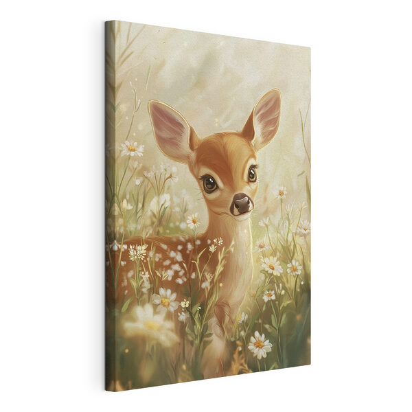 Baby hertjes in een veld vol bloemen Canvas Schilderijen Baby hertjes in een veld vol bloemen