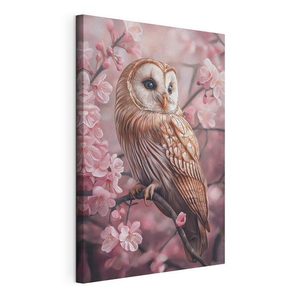 Uil zittend op een tak met roze bloemen Canvas Schilderijen Uil zittend op een tak met roze bloemen