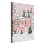 Canvas Schilderijen Roze huis met bomen en sneeuw