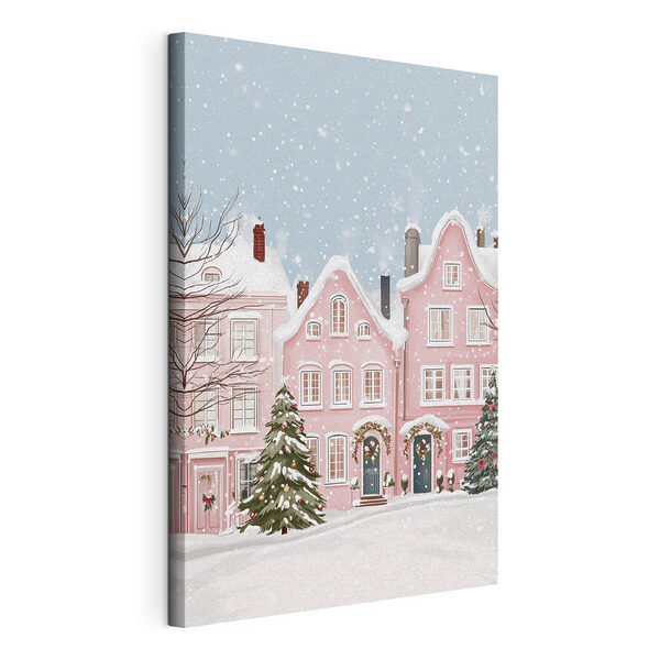 Canvas Schilderijen Roze huis met sneeuw erop