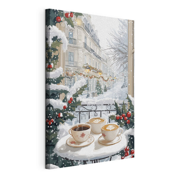 Een paar kopjes koffie op een balkon met sneeuw en gebouwen Canvas Schilderijen Een paar kopjes koffie op een balkon met sneeuw en gebouwen