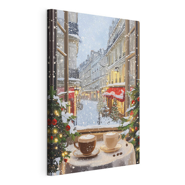 Canvas Schilderijen Raam met twee koppen koffie en bomen voor een straat