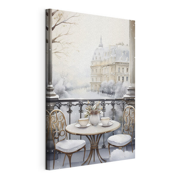 Canvas Schilderijen Tafel met kopjes en een vaas bloemen met een besneeuwd landschap