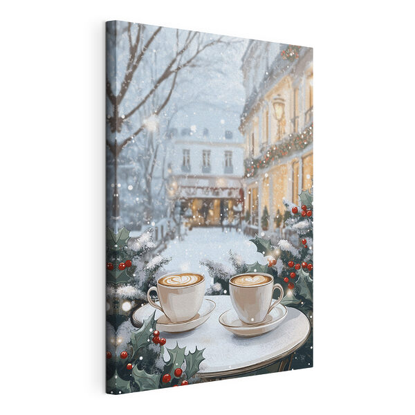 Twee kopjes koffie op een tafel voor een besneeuwde straat Canvas Schilderijen Twee kopjes koffie op een tafel voor een besneeuwde straat