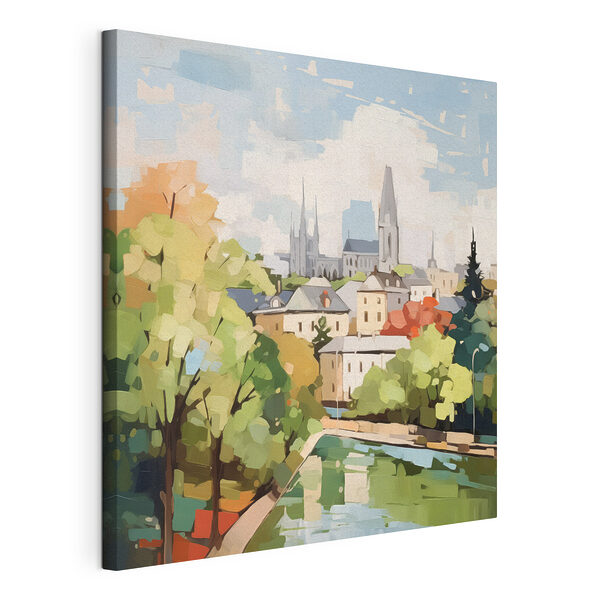 Canvas Schilderijen Schilderij van een stad met bomen en een rivier
