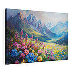 Canvas Schilderijen Schilderij van bloemen in een veld met bergen op de achtergrond
