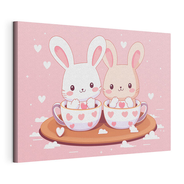 Canvas Schilderijen Twee cartoonkonijnen in theekopjes