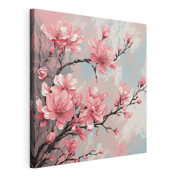 Canvas Schilderijen Schilderij van roze bloemen op een tak