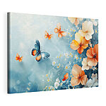 Canvas Schilderijen Vlinders en bloemen op een blauwe achtergrond