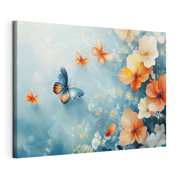 Canvas Schilderijen Vlinders en bloemen op een blauwe achtergrond