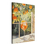 Canvas Schilderijen Glas sinaasappelsap met ijs en sinaasappels uit een raam