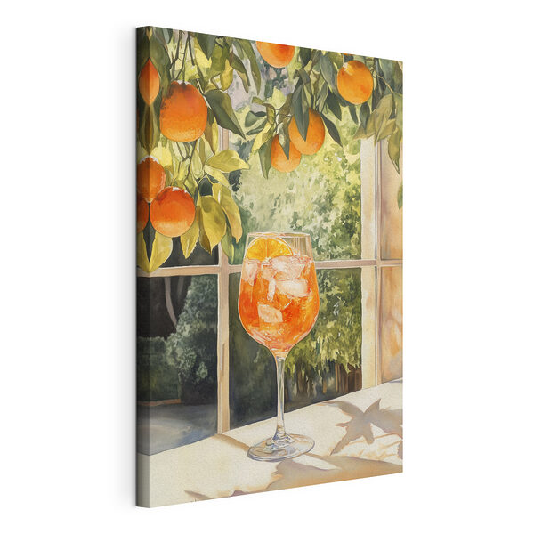 Glas sinaasappelsap met ijs en sinaasappels uit een raam Canvas Schilderijen Glas sinaasappelsap met ijs en sinaasappels uit een raam