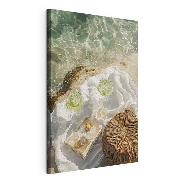 Picknickmand en glazen wijn op een rots aan het water Canvas Schilderijen Picknickmand en glazen wijn op een rots aan het water
