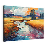 Canvas Schilderijen Rivier stroomt door een veld