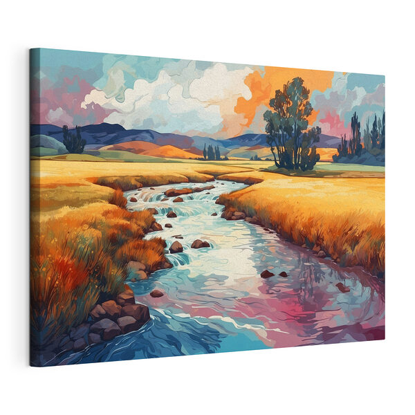 Rivier stroomt door een veld Canvas Schilderijen Rivier stroomt door een veld