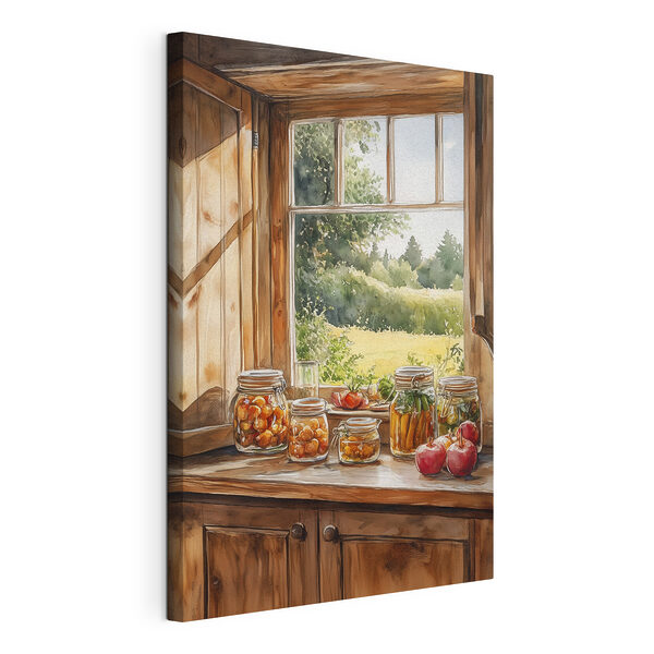 Aquarel van potten met eten op een vensterbank Canvas Schilderijen Aquarel van potten met eten op een vensterbank