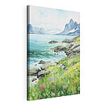 Canvas Schilderijen Aquarel van een rotskust met bergen en een blauwe lucht