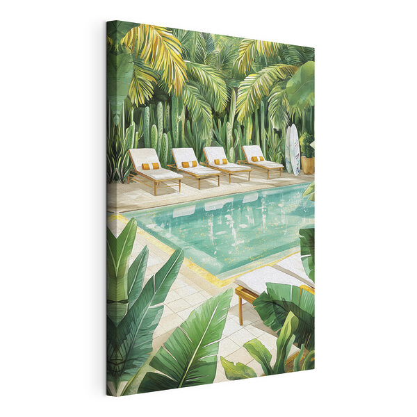 Canvas Schilderijen Zwembad met ligstoelen en surfplanken