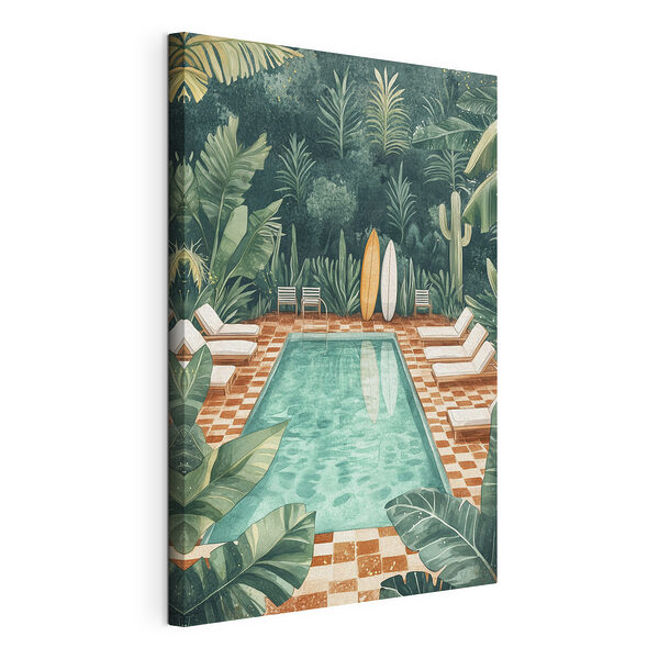Canvas Schilderijen Zwembad met stoelen en surfplanken in het midden