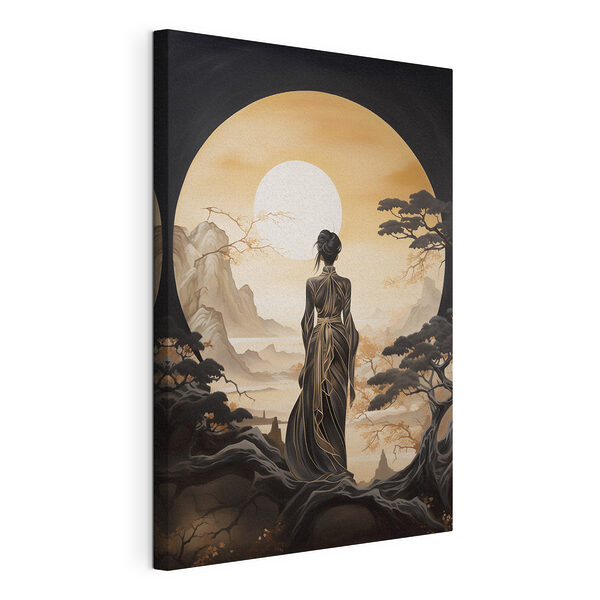 Canvas Schilderijen Vrouw in een lange jurk kijkt naar de zon