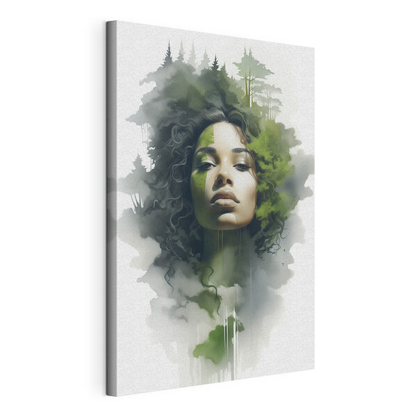 Vrouw met groene bladeren op haar gezicht Canvas Schilderijen Vrouw met groene bladeren op haar gezicht