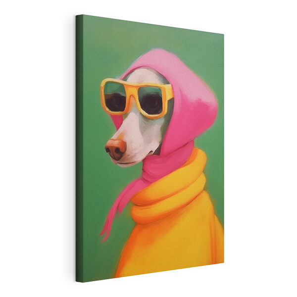 Hond met roze sjaal en zonnebril Canvas Schilderijen Hond met roze sjaal en zonnebril