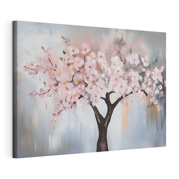 Canvas Schilderijen Schilderij van een boom met roze bloemen