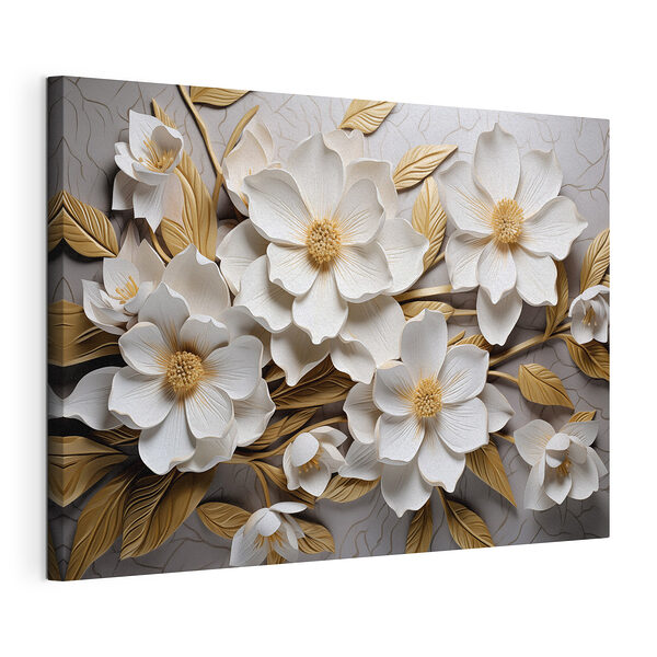 Canvas Schilderijen Groep witte bloemen en bladeren