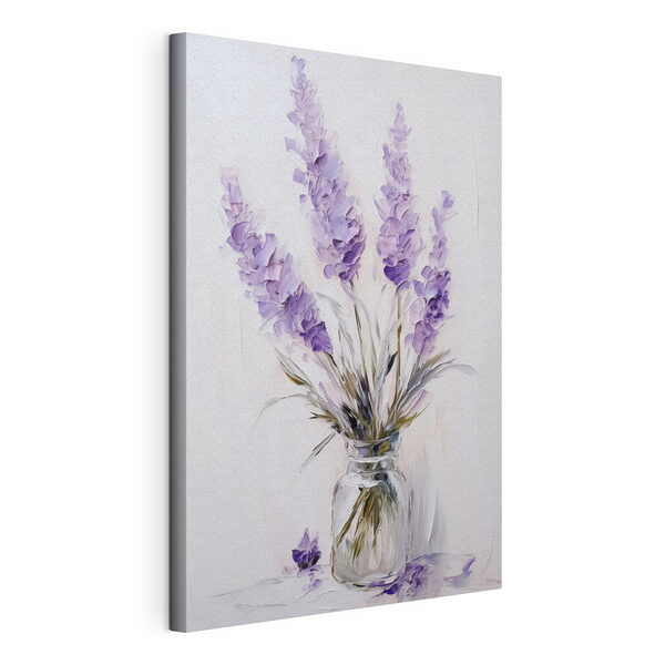 Canvas Schilderijen Schilderij van paarse bloemen in een glazen vaas