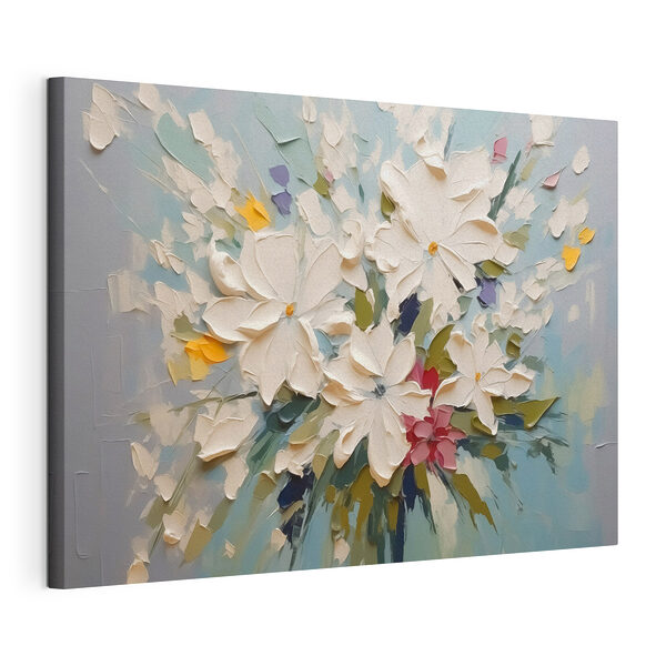 Schilderij van bloemen op een blauw oppervlak Canvas Schilderijen Schilderij van bloemen op een blauw oppervlak