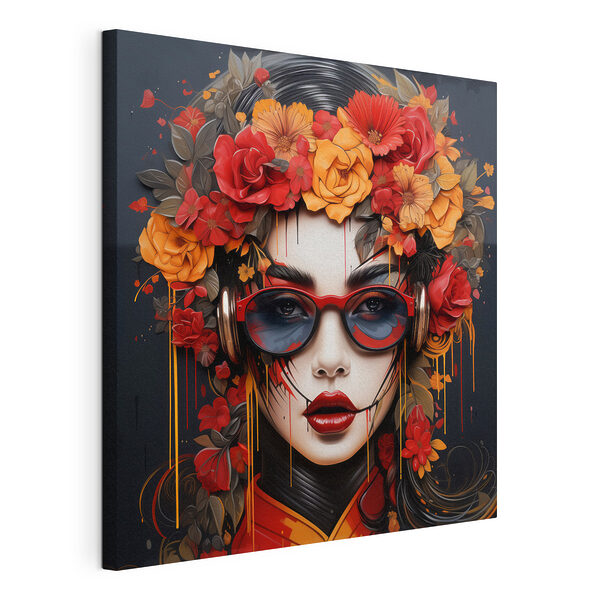 Vrouw met bloemen in haar haar en bril Canvas Schilderijen Vrouw met bloemen in haar haar en bril