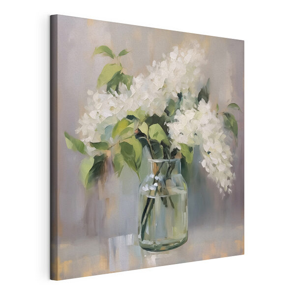 Canvas Schilderijen Schilderij van een boeket witte bloemen in een glazen pot
