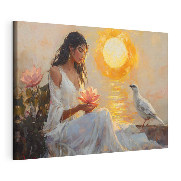 Canvas Schilderijen Schilderij van een vrouw met een bloem en een vogel