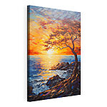 Canvas Schilderijen Boom op een rotskust met een zonsondergang