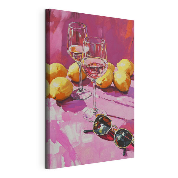 Schilderij van wijnglazen en citroenen Canvas Schilderijen Schilderij van wijnglazen en citroenen