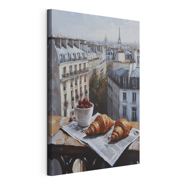 Kopje koffie en croissants op een tafel met gebouwen op de achtergrond Canvas Schilderijen Kopje koffie en croissants op een tafel met gebouwen op de achtergrond